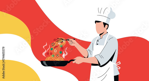 Expert Chef Preparing Delicious Pasta Dish in a Vibrant Kitchen Illustration