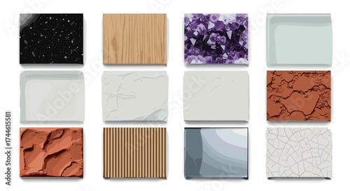 Twelve square samples displaying various textures and patterns arranged in a rectangular grid format