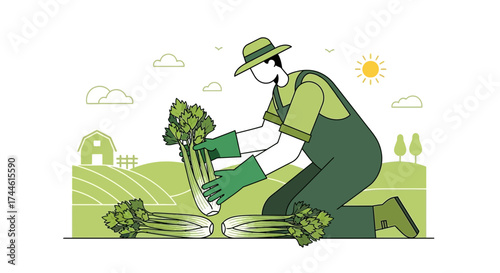 Farmer harvesting celery in a farm illustration with fields and the sun shining brightly