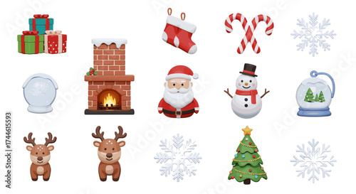 Christmas themed icons including presents, fireplace, santa, snowman, reindeer, and christmas tree