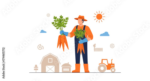 Farmer Harvesting Fresh Carrots, Illustrated Sunlight, and Farm Elements Vector Illustration