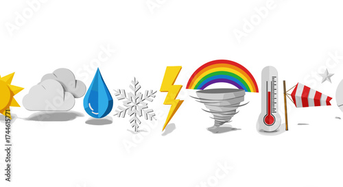 Illustration showing various weather elements including sun cloud rain snowflake lightning rainbow tornado thermometer