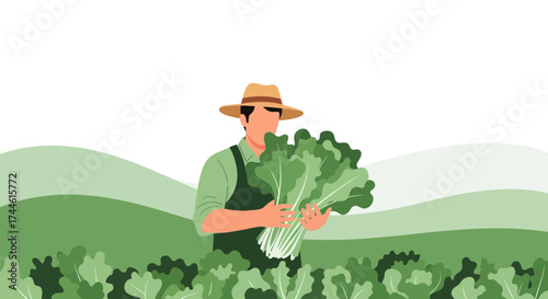 Farmer Harvesting Fresh Greens in the Field Illustrative Conceptual Artwork