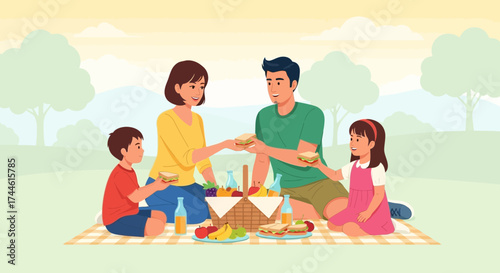 Family Outing: Joyful Picnic Gathering, Sharing Sandwiches, Celebrating Togetherness in Nature