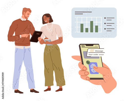 Two coworkers discussing data using a tablet, with a graph sidebar and secure fingerprint access on a smartphone. Ideal for teamwork, technology, security, data analysis, collaborations, workplace