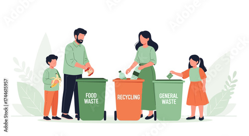 Family Sorting Waste Into Different Bins Illustrating Importance Of Recycling And Environment.