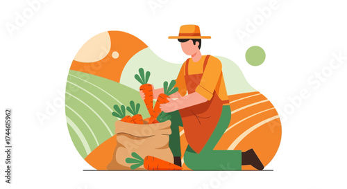 Farmer Harvesting Juicy Carrots in Field, Delivering Fresh Produce to Market with Vector Art Design
