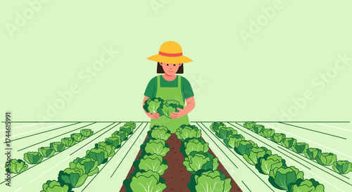 Farmer Harvesting Lettuce in a Field Representing Agriculture and Healthy Eating