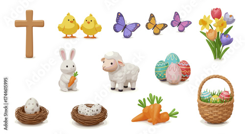 A festive easter scene displays a cross, chicks, butterflies, flowers, and easter themed items