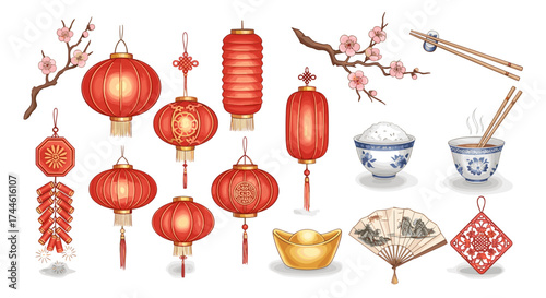Illustration of chinese new year decorations including lanterns, blossoms, and traditional food items