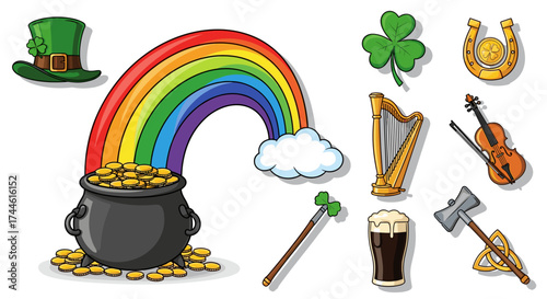 Illustration of st patrick's day elements including a pot of gold rainbow and various irish icons