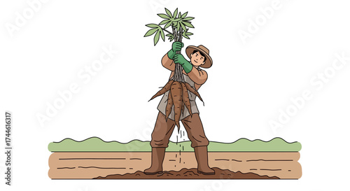Farmer Harvesting Yuca Roots, Illustration of Agricultural Labor on a White Background