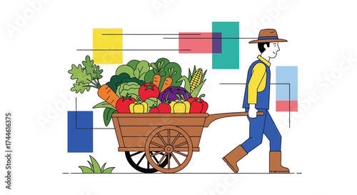 Farmer Hauling Harvest of Fresh Vegetables in a Wooden Cart Across the Field