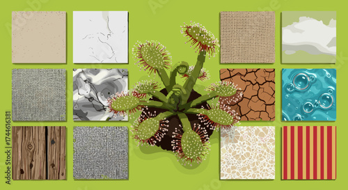 Overhead view of a sundew plant in a pot surrounded by various texture samples on a green background