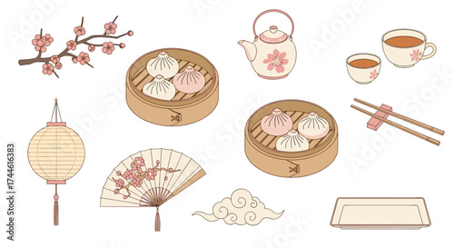 Illustration of chinese food with dim sum, tea, fan, lantern, and plum blossom branch arranged nicely