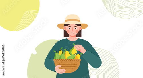 Farmer Holding Fresh Harvest Pears in Wicker Basket, Smiling, Sunny Hat and Fresh Fruit