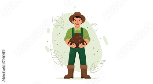 Farmer holding compost and smiling ready to fertilize the soil in cartoon illustration