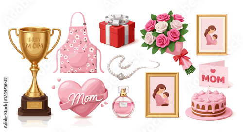 A collection of gifts for mother's day including a trophy, apron, gift, flowers, and artwork present