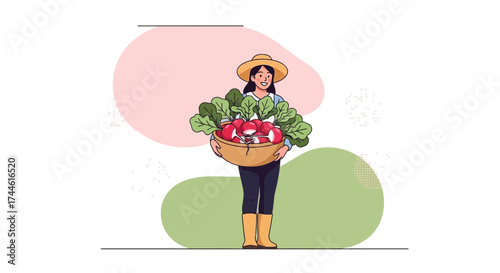 Farmer Holding Fresh Radishes Harvested From The Farm Presented Illustration