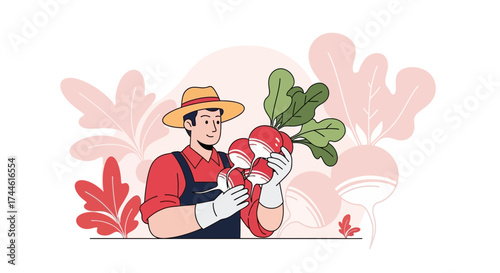 Farmer Holding Freshly Harvested Radishes in a Garden Illustration Design