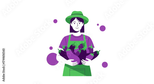 Farmer Holding Plump Eggplants In Their Arms, Fresh Harvest in Bright Illustration