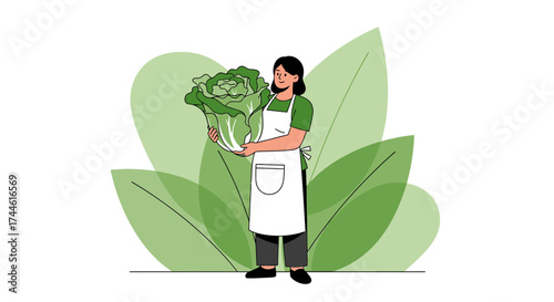 Farmer holding lettuce representing healthy eating and eco-friendly living illustration