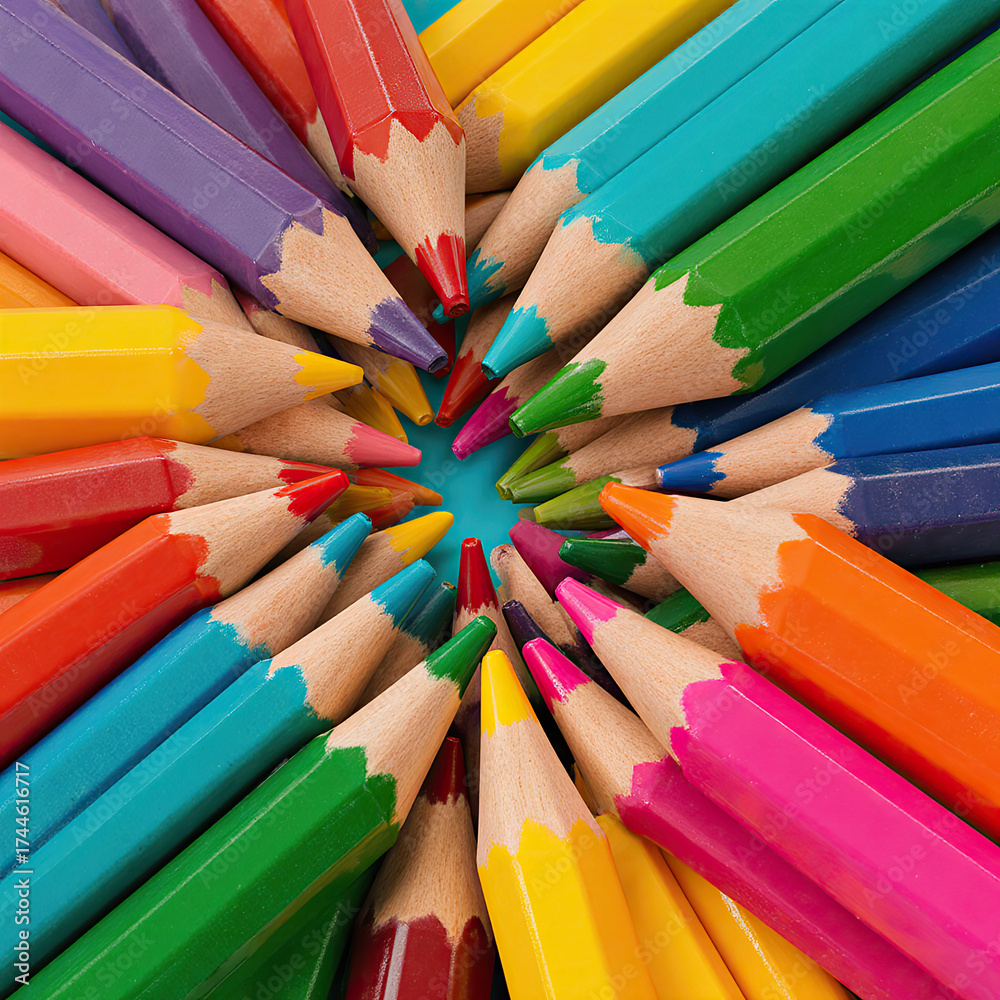 Naklejka premium Vibrant Colored Pencils in a Circular Arrangement