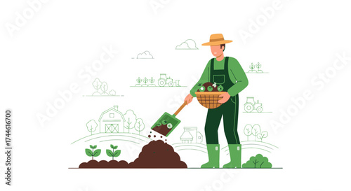 Farmer planting, illustration showing agriculture, farming, and healthy rural lifestyle