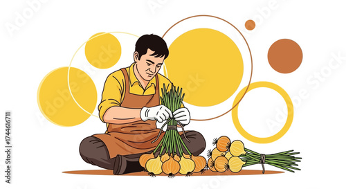 Farmer Preparing Fresh Onions For Market, Isolated on White Backgrounds, Illustration