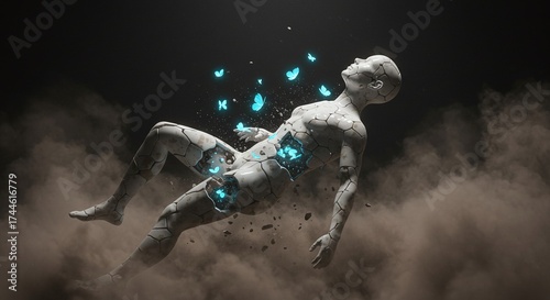 Emotional Release: Cracked Human Figure Transforming into Glowing Blue Butterflies
