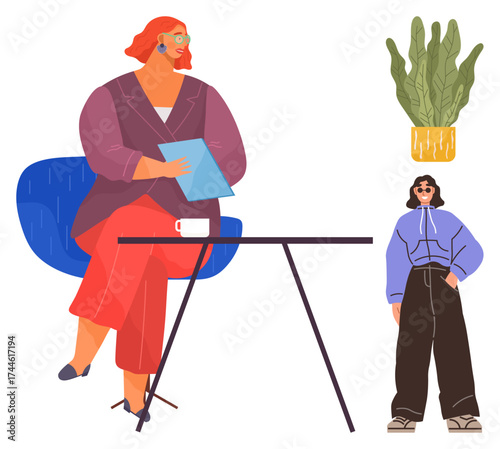 Businesswoman seated with tablet, tall indoor plant, and standing colleague. Ideal for teamwork, workspace design, modern lifestyle, collaboration, leadership, mentorship simple flat metaphor