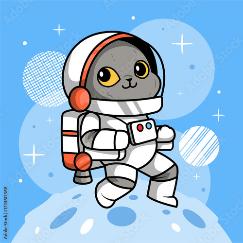 Gray Cat Astronaut Floating on Lunar Surface in Space Suit and Helmet with Moon Backdrop and Stars Cartoon Style