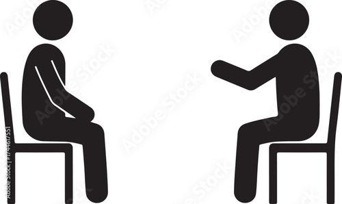 Two black stick figures sitting on chairs facing each other in conversation people