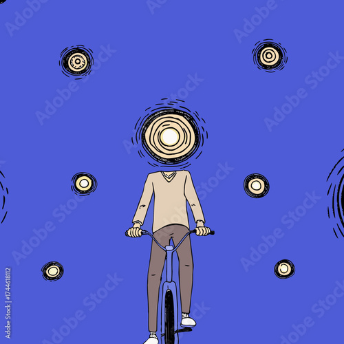 A person riding a bicycle with a glowing circle for a head, surrounded by similar orbs.