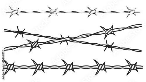 Collection of hand-drawn barbed wire elements. Set of isolated vector illustrations showing different fence designs, including tangled and straight lines