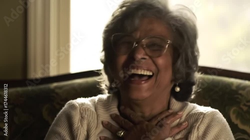 Gleeful grandma bursts into infectious laughter indoors