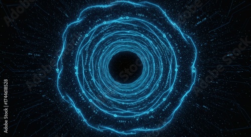 Abstract Digital Tunnel or Wormhole with Glowing Blue Lines and Data Flow