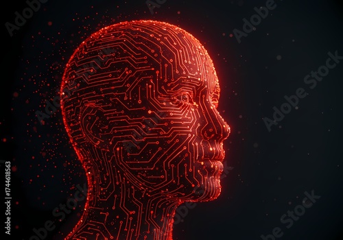 Red Glowing Circuit Board Outline of a Human Head for Artificial Intelligence Concept