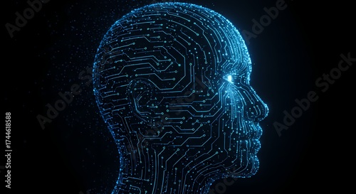 Digital Human Head Outline with Glowing Circuit Board Pattern and Data Particles