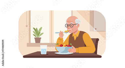 This flat design illustration portrays an elderly man enjoying a healthy meal of fruits and vegetables, symbolizing the significance of good nutrition for senior health.