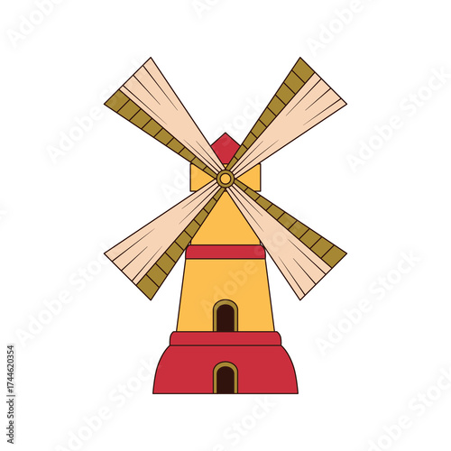 Illustration of a Windmill with Red and Yellow Building and Beige Blades on a White Background Simple Vector Icon Style