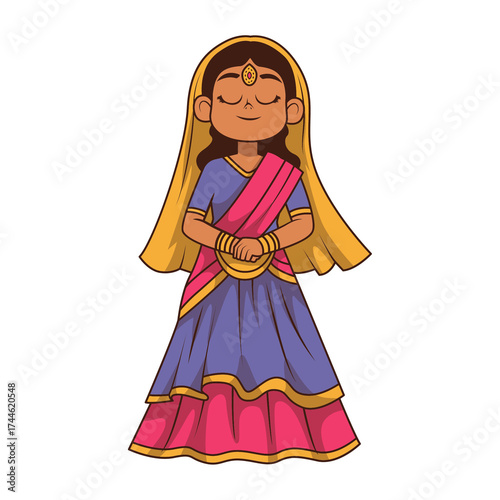 Indian Girl in Traditional Dress with Gold Jewelry and Veil on Transparent Background