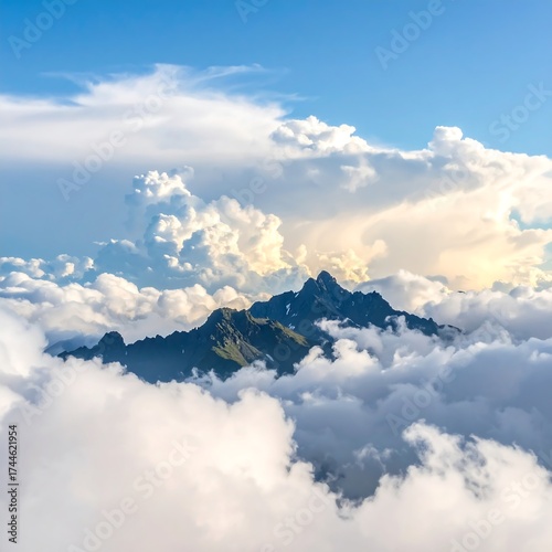 Dramatic mountain peak piercing through sea of clouds