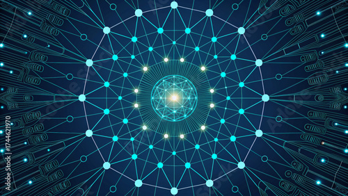 Technology background digital network sphere glowing node web connection radial pattern futuristic blue green light