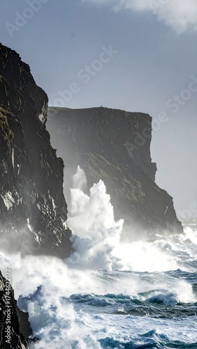 Dramatic ocean waves crashing against cliffs, sunlight