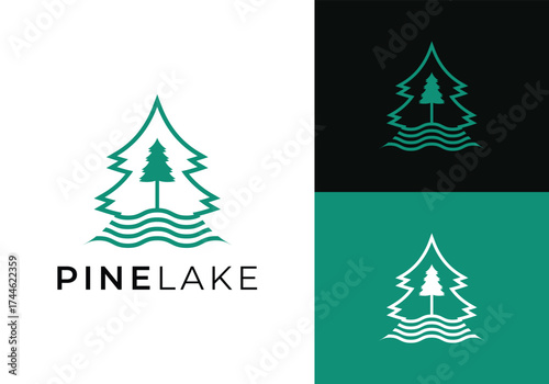 This is a pine lake logo by combining pine trees and a lake in a lineart style. This logo is suitable for forestry, rangers, outdoor communities, nature tourism, lodges, and the like.