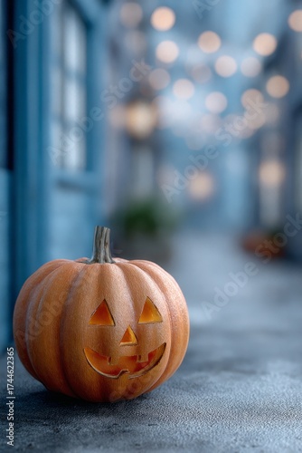 Halloween pumpkin lantern on city street with soft bokeh lights, moody blue evening atmosphere