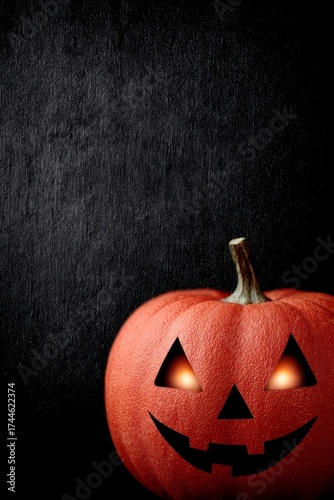 Classic jack o'lantern pumpkin glowing on dark black textured background, spooky halloween design