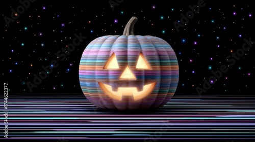 Vibrant glowing pumpkin with colorful neon stripes and cosmic background, futuristic halloween concept