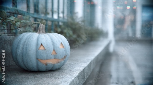 Stylish blue jack o'lantern on urban street in moody fog, modern halloween aesthetic